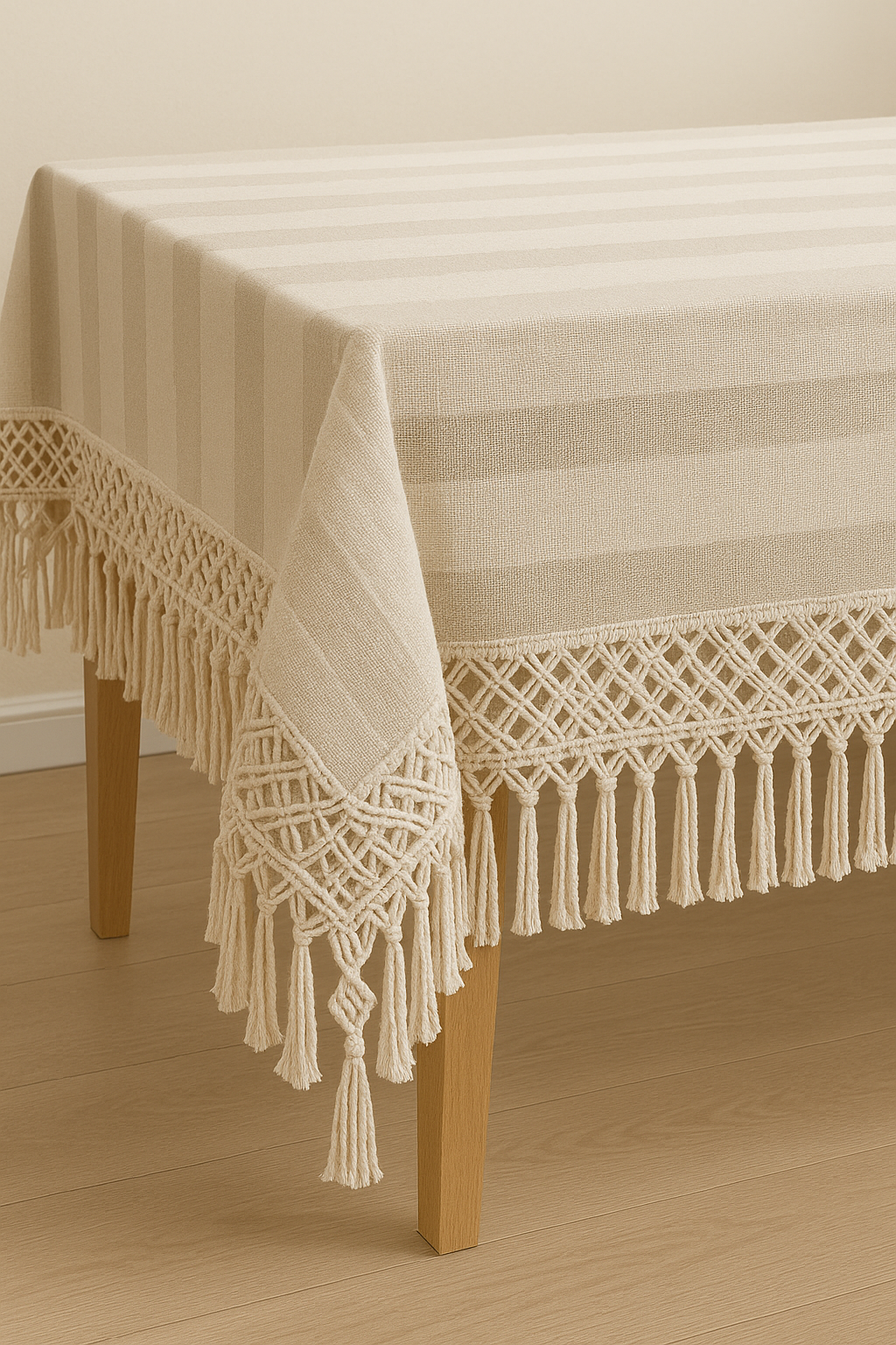 Solid Striped Japanese Design Cotton Linen Macrame Tablecloth